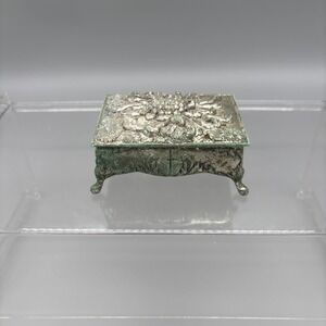 Vintage Metal Jewelry Box Trinket Footed Velvet Lining Cross Religious Patina